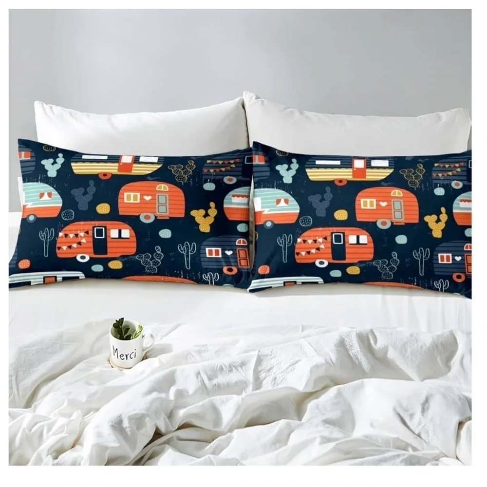 Erosebridal Happy Camper Decor Duvet Cover 3-Piece Bedding Set Full Size NEW